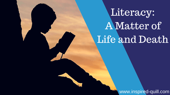 A blog feature image showing a silhouete of a child reading against a sunset with the title 'Literacy: A Matter of Life and Death' over the top
