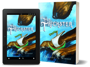 A book-and-ipad composite of the The Trickster front cover