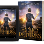 A book-and-ipad composite of the Echo Returns front cover on a transparent background
