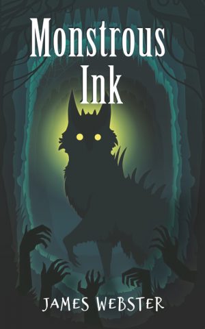 Flash fiction book cover cover for Monstrous Ink showing a wolf-type monster with bright eyes.